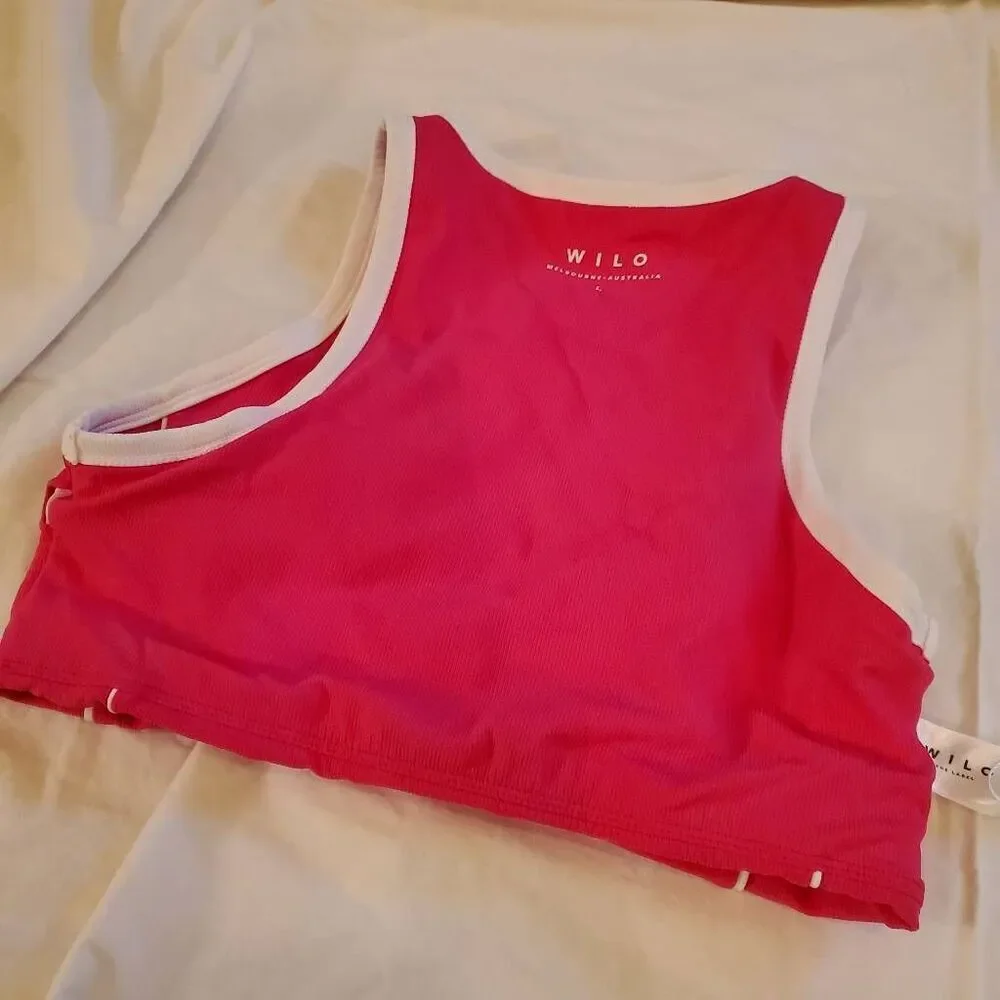 NWT. Wilo the Label. Hot Pink with white trim Sports Bra. Size Large.